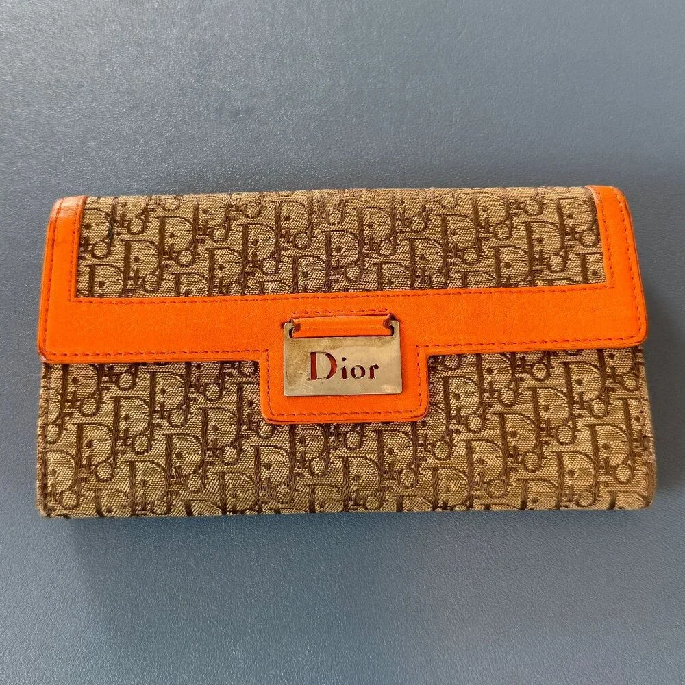 Christian Dior Diorissimor Brown & Tan Trotter Wallet with Orange Leather Trim